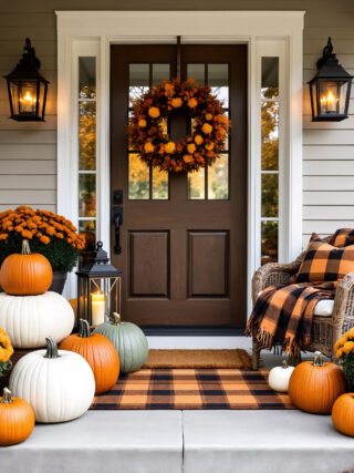 Autumn front door decorated for Halloween