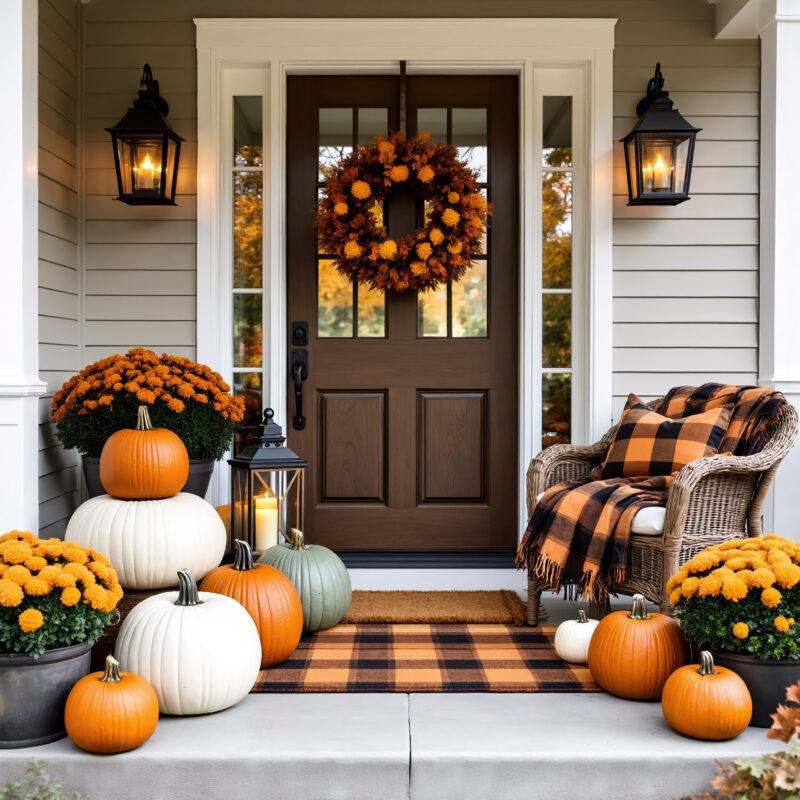 Autumn front door decorated for Halloween