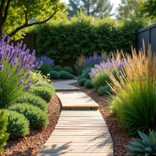 Beautiful wooden garden path winding through a drought-tolerant landscape with lavender, ornamental grasses, and succulents. Rich purple hues and warm sunlight.