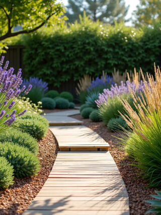 Beautiful wooden garden path winding through a drought-tolerant landscape with lavender, ornamental grasses, and succulents. Rich purple hues and warm sunlight.