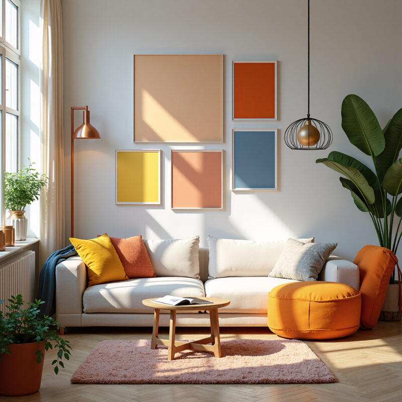 A bright, modern living room with a light gray sofa, a wooden coffee table, and a geometric pouf. Artwork in shades of peach, yellow, terracotta, and blue adorns the walls. Natural light streams through a large window, illuminating a pink rug and a large potted plant.