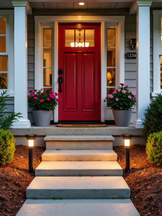 A charming red front door illuminated by evening lights, with a stone pathway, landscaping, and decorative lights.