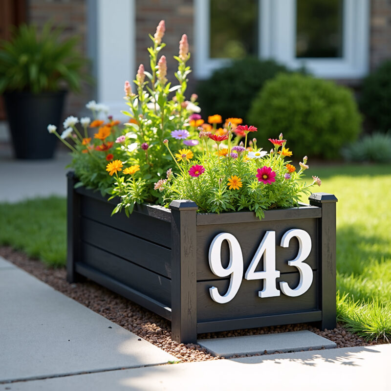 A close-up shot of a black, rectangular flower planter situated on a concrete sidewalk. The planter is filled with a variety of colorful daisy-like flowers in shades of orange, pink, white, and purple. The house number '943' is prominently displayed in white on the side of the planter.