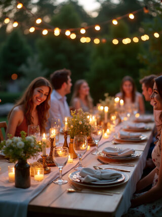 A group of friends enjoys a romantic candlelit dinner party outdoors, with strings of fairy lights overhead and a rustic wooden table set with plates and glassware.