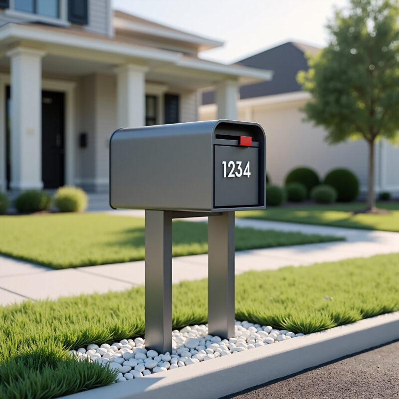 A sleek, black mailbox with the number '1234' on its post, set in a manicured front yard with lush green grass and white pebbles.