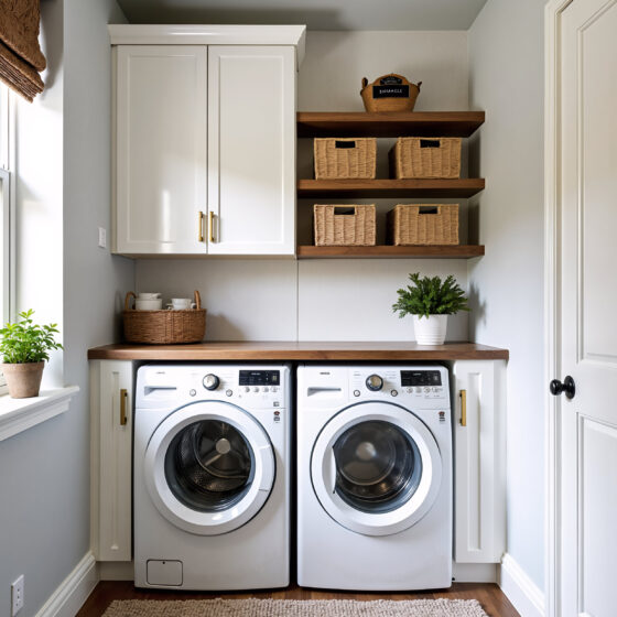 Modern laundry room featuring two LG front-load washers, wooden shelving with baskets, and a window with a plant.