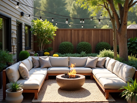 U-shaped outdoor seating area with a light gray sofa and cushions, a gray chevron rug, and a fire pit surrounded by lush greenery and a wooden fence. String lights hang overhead, creating a warm ambiance.