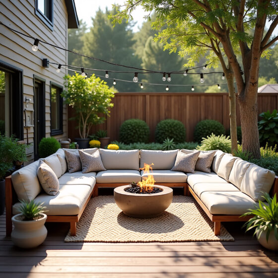 U-shaped outdoor seating area with a light gray sofa and cushions, a gray chevron rug, and a fire pit surrounded by lush greenery and a wooden fence. String lights hang overhead, creating a warm ambiance.