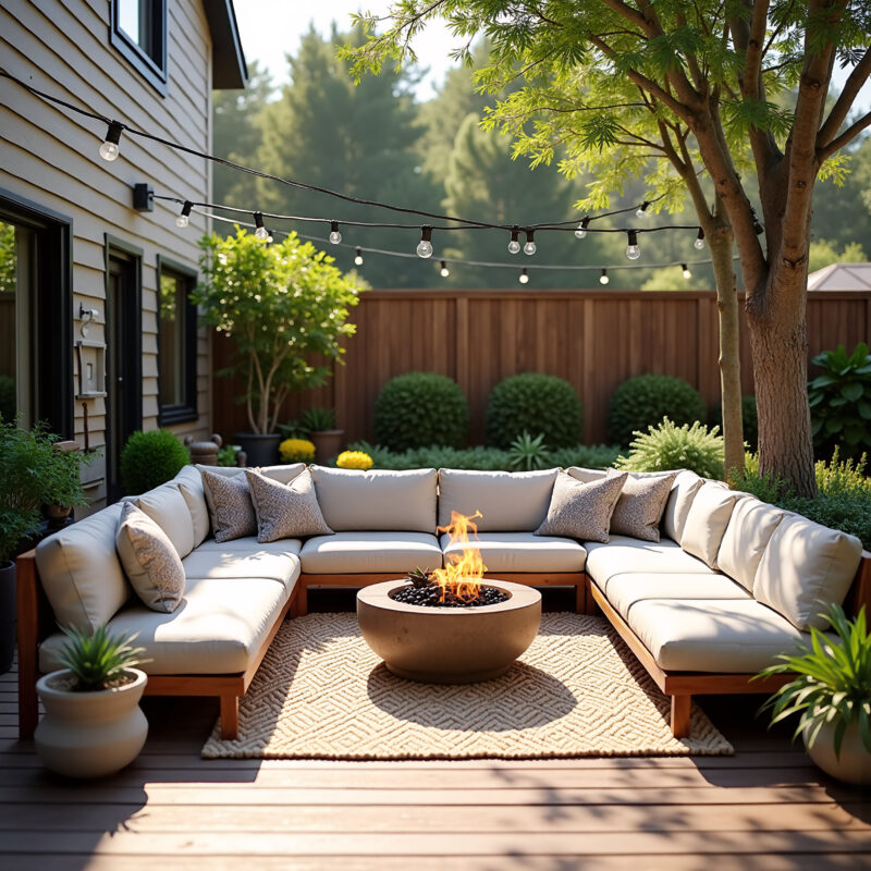 U-shaped outdoor seating area with a light gray sofa and cushions, a gray chevron rug, and a fire pit surrounded by lush greenery and a wooden fence. String lights hang overhead, creating a warm ambiance.