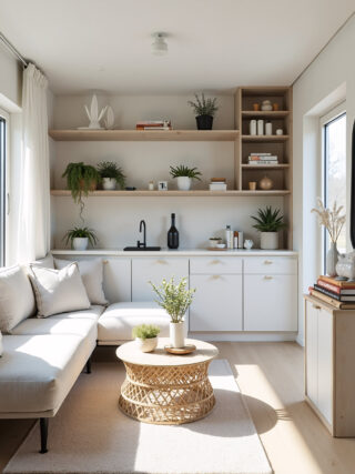 Modern corner living room with light wood shelving, a beige sofa, a round coffee table, and plants. Natural light streams in through a large window.