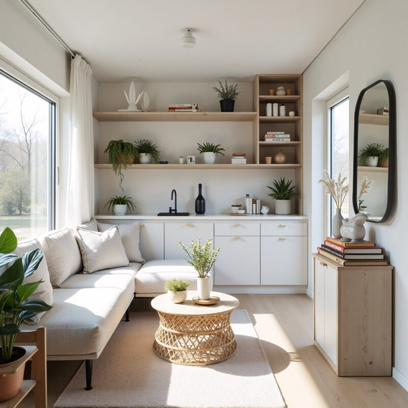 Modern corner living room with light wood shelving, a beige sofa, a round coffee table, and plants. Natural light streams in through a large window.