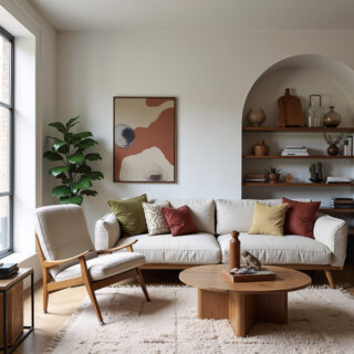 Stylish modern living room interior featuring a cream-colored sofa, wooden furniture, and an abstract art piece. The room incorporates natural textures like wood and a plush rug, creating a warm and inviting atmosphere.