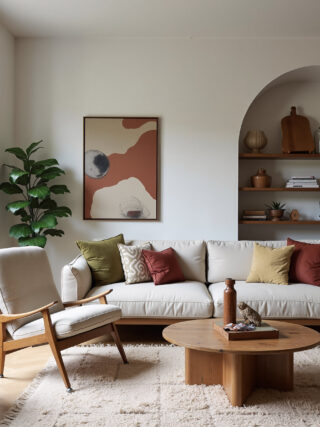 Stylish modern living room interior featuring a cream-colored sofa, wooden furniture, and an abstract art piece. The room incorporates natural textures like wood and a plush rug, creating a warm and inviting atmosphere.