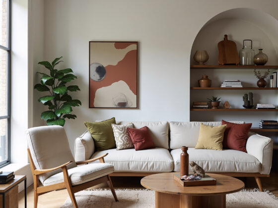Stylish modern living room interior featuring a cream-colored sofa, wooden furniture, and an abstract art piece. The room incorporates natural textures like wood and a plush rug, creating a warm and inviting atmosphere.