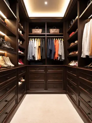 A beautifully organized walk-in closet with dark wood cabinetry, hanging clothes, shoes, and handbags. The closet is brightly lit and features a plush beige carpet.