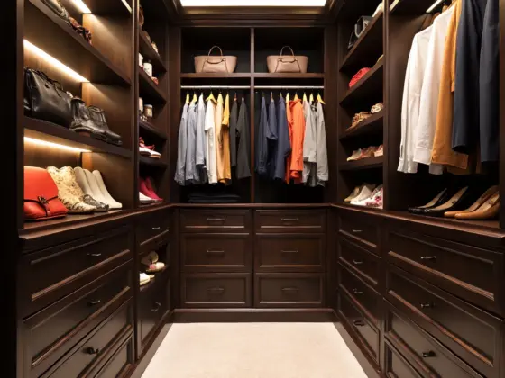 A beautifully organized walk-in closet with dark wood cabinetry, hanging clothes, shoes, and handbags. The closet is brightly lit and features a plush beige carpet.
