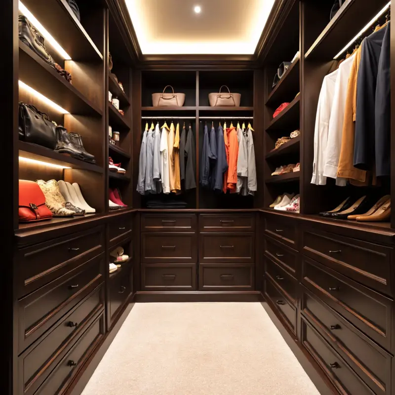 A beautifully organized walk-in closet with dark wood cabinetry, hanging clothes, shoes, and handbags. The closet is brightly lit and features a plush beige carpet.