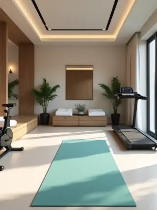 Contemporary home gym with treadmill, exercise bike, and teal workout mat. Bright, spacious fitness room with large windows and wood finishes.