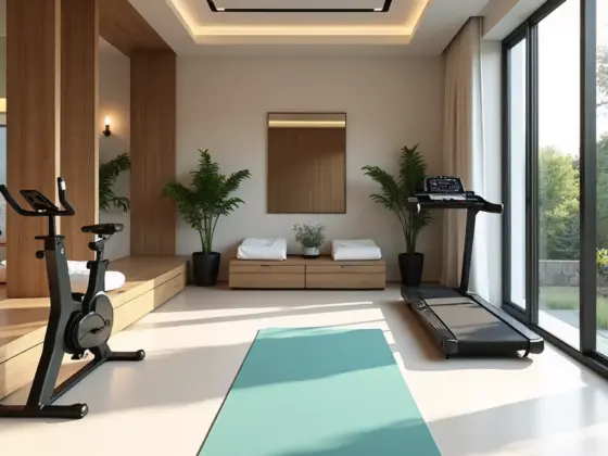Contemporary home gym with treadmill, exercise bike, and teal workout mat. Bright, spacious fitness room with large windows and wood finishes.