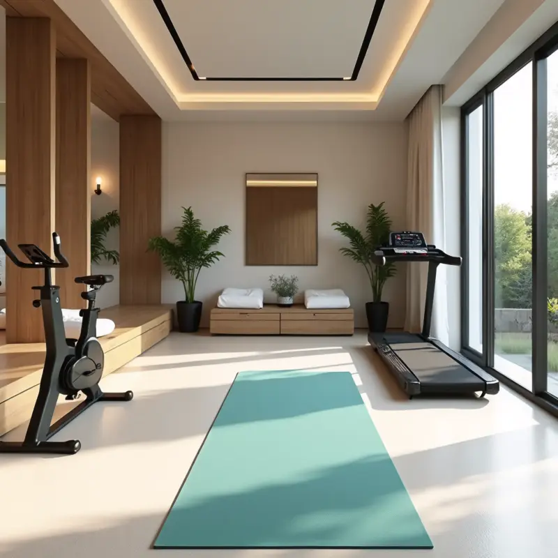 Contemporary home gym with treadmill, exercise bike, and teal workout mat. Bright, spacious fitness room with large windows and wood finishes.
