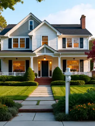 A stately white Victorian-style house with a wraparound porch, illuminated warmly at dusk. A manicured lawn and landscaping complete the picturesque scene.