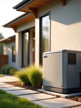 Generac home backup generator installed in a residential landscape. A modern gray concrete house with sliding glass doors is seen in the background, surrounded by a concrete walkway and landscaping.