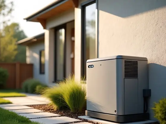 Generac home backup generator installed in a residential landscape. A modern gray concrete house with sliding glass doors is seen in the background, surrounded by a concrete walkway and landscaping.